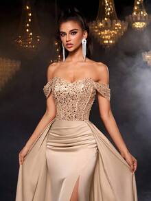 Glamrae 优雅奢华的串珠亮片露肩美人鱼礼服，搭配喇叭形长裙和拖尾，适合婚礼、派对、度假、庆典、正式活动（重度装饰） - 香檳色 - 查看 7
