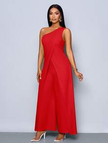 SOLERSUN Tuta larga con spacco e una spalla senza maniche, di moda per donna in primavera ed estate per uso quotidiano - Rosso - Visualizzare 5