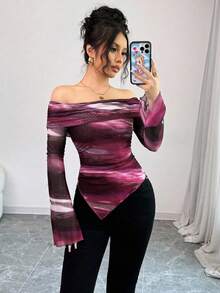 Selianne Áo thun nữ hở vai tay dài đơn giản, thoải mái mặc hàng ngày, áo thun họa tiết cho nữ mùa xuân - Màu Đỏ Sâu - Xem 3