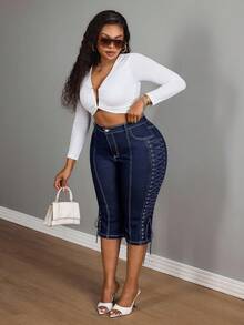 Slaydiva 大码休闲通勤交叉带紧身七分牛仔裤 - 藍色 - 查看 3