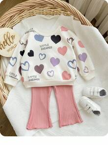 SHEIN Bộ áo nỉ dài tay in chữ thường ngày cho bé gái sơ sinh, mùa thu/đông - trắng - Xem 2
