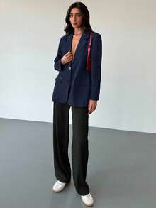 Aloruh Minimalist Commuting Gray Textured Oversized Long Sleeve Loose Blazer For Young Women In Fall/Winter - Navy Blue - View 5
