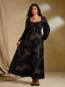 Roveilla Robe longue élégante à col carré vintage pour femmes grandes tailles, tenue de soirée - Noir - Voir 4