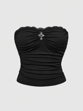 Goth Damen Große Größen Spitzenbesatz Metall Kreuz Dekor eng anliegendes Top, zum Layering oder allein, ganzjährig