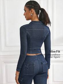 Flexra 女式长袖拉链短款修身牛仔夹克 - 深色水洗藍 - 查看 2
