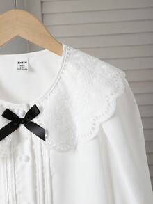青少年女孩休闲时尚衬衫，蕾丝领，门襟设计，泡泡袖，适合返校、春季、夏季、秋季、休闲、优雅、日常穿着、度假、秋冬拍照 - 白色 - 查看 7