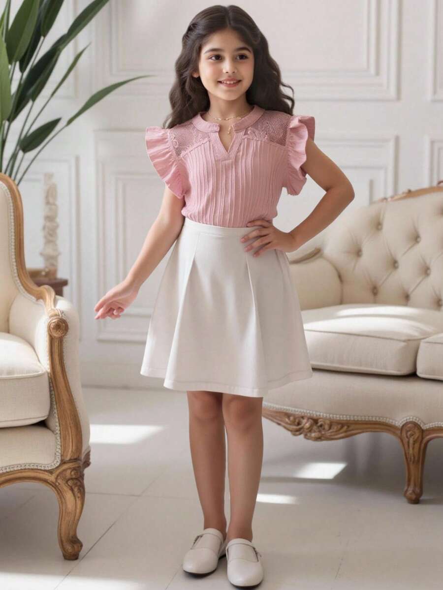 Áo sơ mi đơn giản, thường ngày, ren chắp vá màu trơn cho bé gái tuổi mới lớn, mặc hàng ngày - Hồng - Xem 1