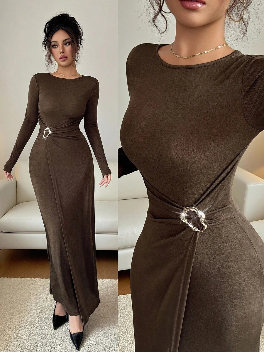 Elenzga Women's Elegant Round Neck Long Sleeve Dress, Polyamide Shiny Chiffon Fabric, High-End Design Waist Metal Buckle Asymmetrical Ruched Splice, Slim Fit Commuting Dress For Autumn - Brown - View 1