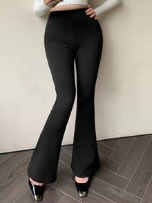 DAZY Women's Elegant Solid Color Flare Pants Winter - Black - View 9
