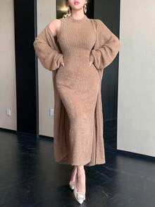 DAZY 2pcs/Set Women's Elegant Brown Sweater Set, Autumn/Winter Lounge Sets For Women - Coffee Brown - View 6
