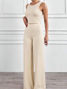 ZIRRA 2 Peças Conjunto Casual Feminino de Top Regata e Calça em Cor Sólida - Damasco - Visão 4