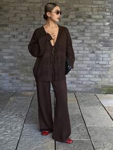 Livesso Women's V-Neck Tie Waist Loose Knit Sweater And Pants 2 Pieces Set, Autumn - Coffee Brown - View 4
