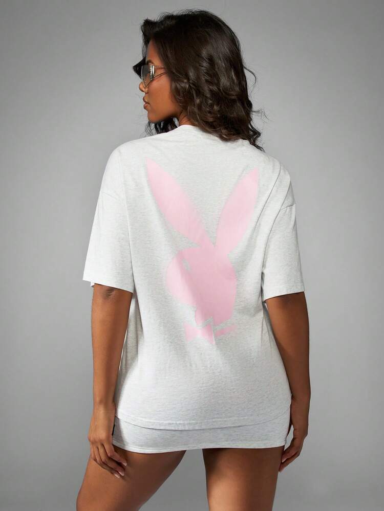 Missguided x Playboy Oversized Applique Number T-Shirt With Bunny Logo Print Short Sleeve Casual Cotton Tee For Women