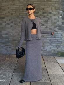 DAZY 2件套女士优雅3D花卉装饰灰色毛衣，秋冬 - 灰色 - 查看 4