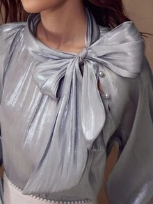 MOTF PREMIUM 女士宽松浪漫蝴蝶结领衬衫 - 淡紫色 - 查看 7