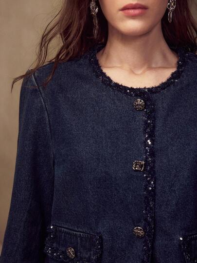 MOTF PREMIUM CONTRAST SEQUIN TRIM FLAP DETAIL CROP DENIM JACKET