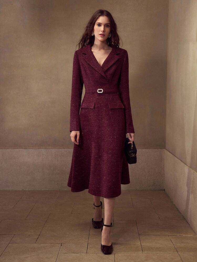 TWEED LAPEL COLLAR FLARE HEM RHINESTONE BELTED DRESS, FALL WINTER
