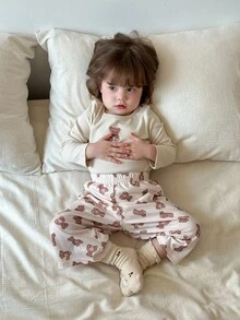 DAZY 2 Stücke Baby Mädchen Lässig Cartoon Muster Rundhals Bequemes T-Shirt und Hose Homewear Set