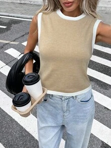 Serisse 女士休闲针织无袖上衣（后系带）秋季 - 杏色 - 查看 6