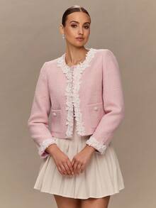 Enchnt Fall/Winter Romantic Women's Pastel Pink Tweed ROSE Embroidered Lace Decor Jacket With Pearl Buttons,Chic&Elegant&Fashionable For Vacation&Date&Holiday&Graduation&Wedding Guest&Office&Going Out&Halloween&Christmas,Back To School,Fall Jackets For Women,Autumn Clothes - Pink - View 7