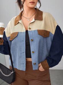 SHEIN EZwear 大码女式撞色落肩长袖单排扣休闲衬衫，秋季 - 彩色 - 查看 1
