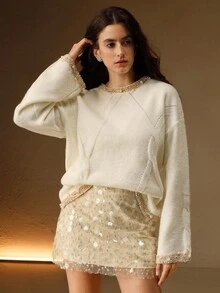 Anewsta Suéter feminino de gola redonda, com estampa floral em blocos de cores, detalhes em tule e miçangas. Modelagem solta, macia e elegante, ideal para outono, inverno, Ano Novo, ocasiões especiais, Natal, eventos noturnos e para se sentir confortável.