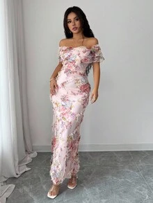 Elenzga Elegant Romantic Ruffle Off Shoulder Fitted Bodycon Dress With 3D Floral Mesh Fabric - Multicolor - View 3