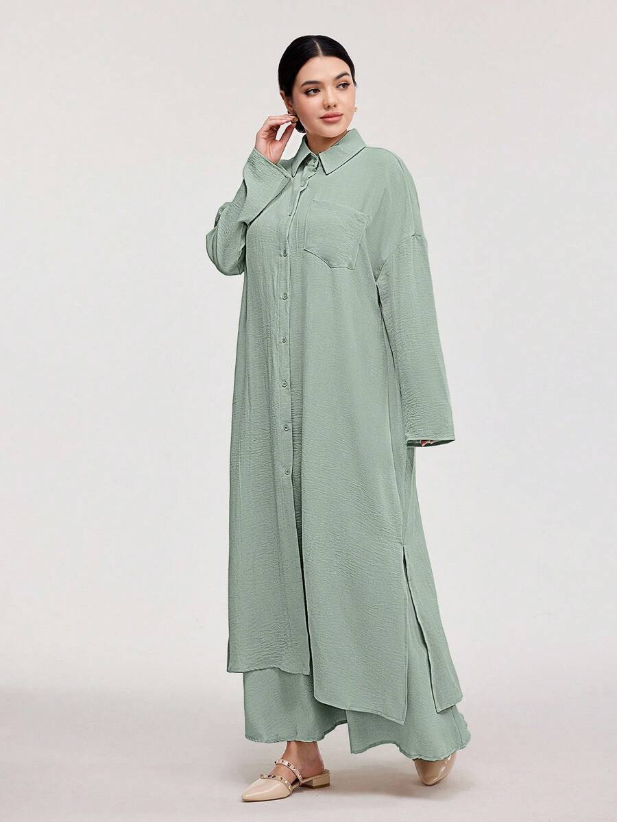 Veilorie 2 件套女士春夏纯色落肩口袋宽松长款衬衫和 A 字裙休闲装 2 件套 - 綠色 - 查看 1