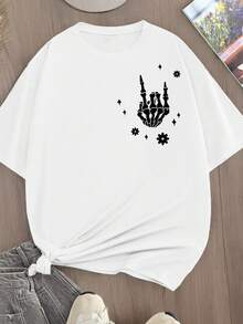 Maweii Letter Slogan Round Neck Short Sleeve Fashionable Minimalist Plus Size T-Shirt - White - View 2