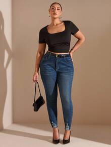 SHEIN BAE Plus Ripped Raw Edge Skinny Jeans, Fall Women Clothes