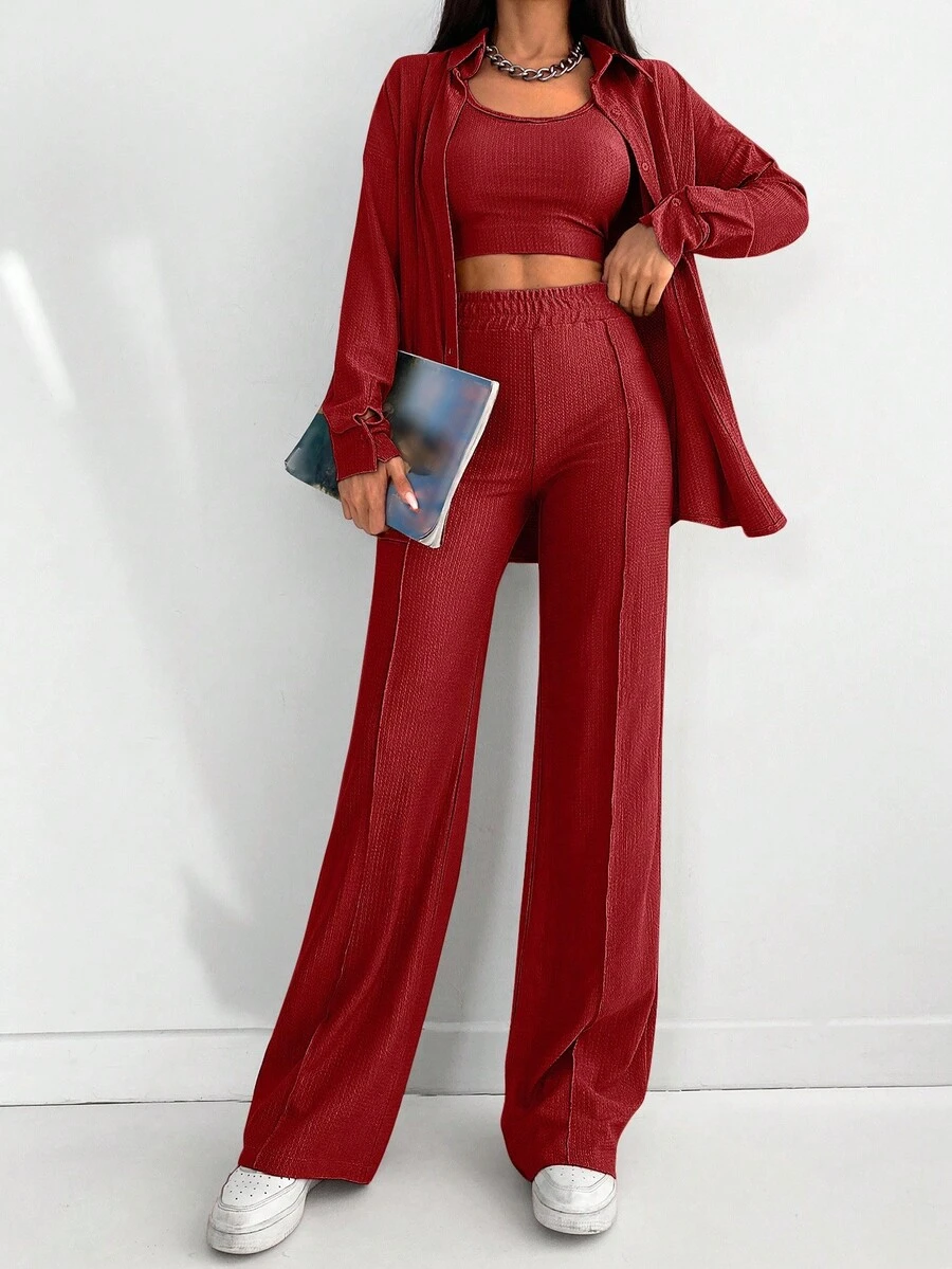 EURMUSE Áo sơ mi dài tay trễ vai màu trơn cỡ lớn, áo vest ngắn và quần âu, bộ đồ ba mảnh thường ngày - Màu Đỏ Sâu - Xem 1