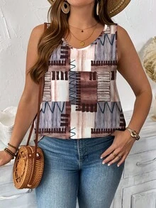 SHEIN LUNE Plus Size Summer Patchwork Printed Casual Round Neck Tank Top Graphic Tees Women Tops