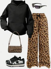 SHEIN Teen Girls Sweatshirt Set, Street Sports Casual Campus Leopard Print Pattern Pullover Sweatshirt And Leopard Print Pants/Spring/Autumn/Christmas,Holiday/Family Day/Happy New Year - Multicolor - View 5