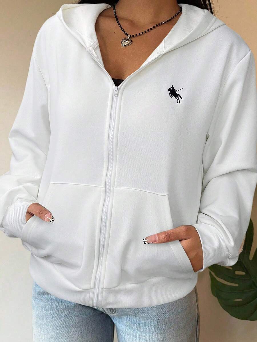 SHEIN EZwear Plus Size Women White Casual Hooded Zip-Up Sweatshirt White Zip Up Hoodie,Fall Clothes For Women Winter Autumn