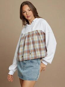 WESTFADE Mix Media French Terry & Plaid Flannel Loose Fit Hoodie Cute Fall Tops For Women Country Concert - Multicolor - View 4