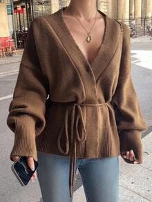 Livesso Áo khoác cardigan dệt kim rộng dáng rộng, buộc chéo vai màu trơn dành cho nữ mùa thu/đông - Cà phê nâu - Xem 1