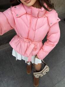 Sweetina Women's Pink Hooded Cinched Waist Padded Coat, Long Sleeve Casual Minimalist Outerwear, Cute & Girly, Autumn/Winter - Pink - View 7