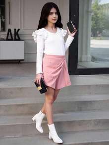 SHEIN Tween Girl Ruffle Trim Long Sleeve Top And Skort 2-Piece Set - Pink - View 4