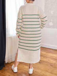 EURMUSE Vestido de suéter con abertura en el bajo y estampado de rayas - verde menta - Ver 2
