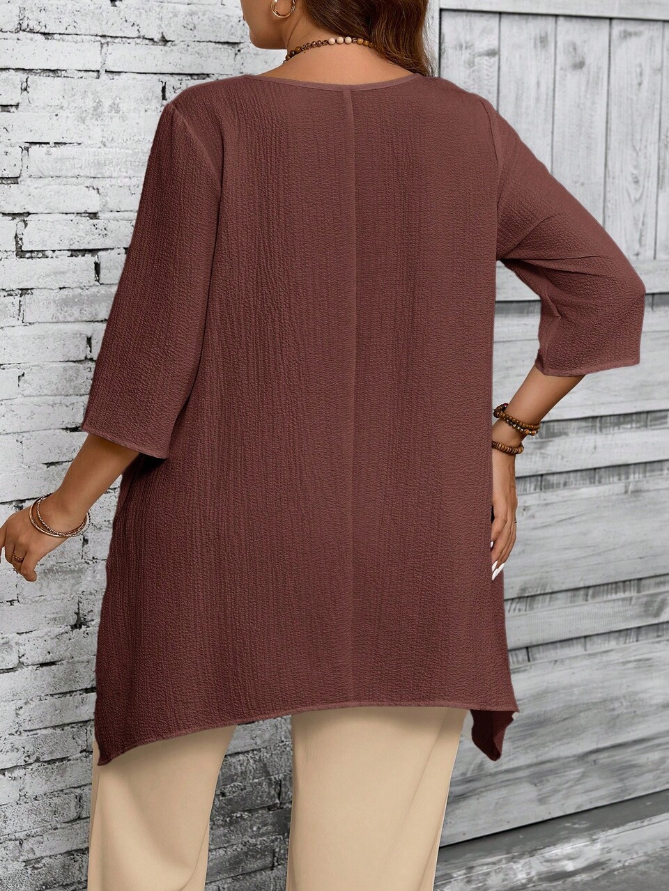 Plus Size Women Round Neck 3/4 Sleeve Asymmetric Hem Casual Tunic Tops,Burgundy Autumn Smart Casual Everyday White Shirt Spring & Summer Fall Blouses