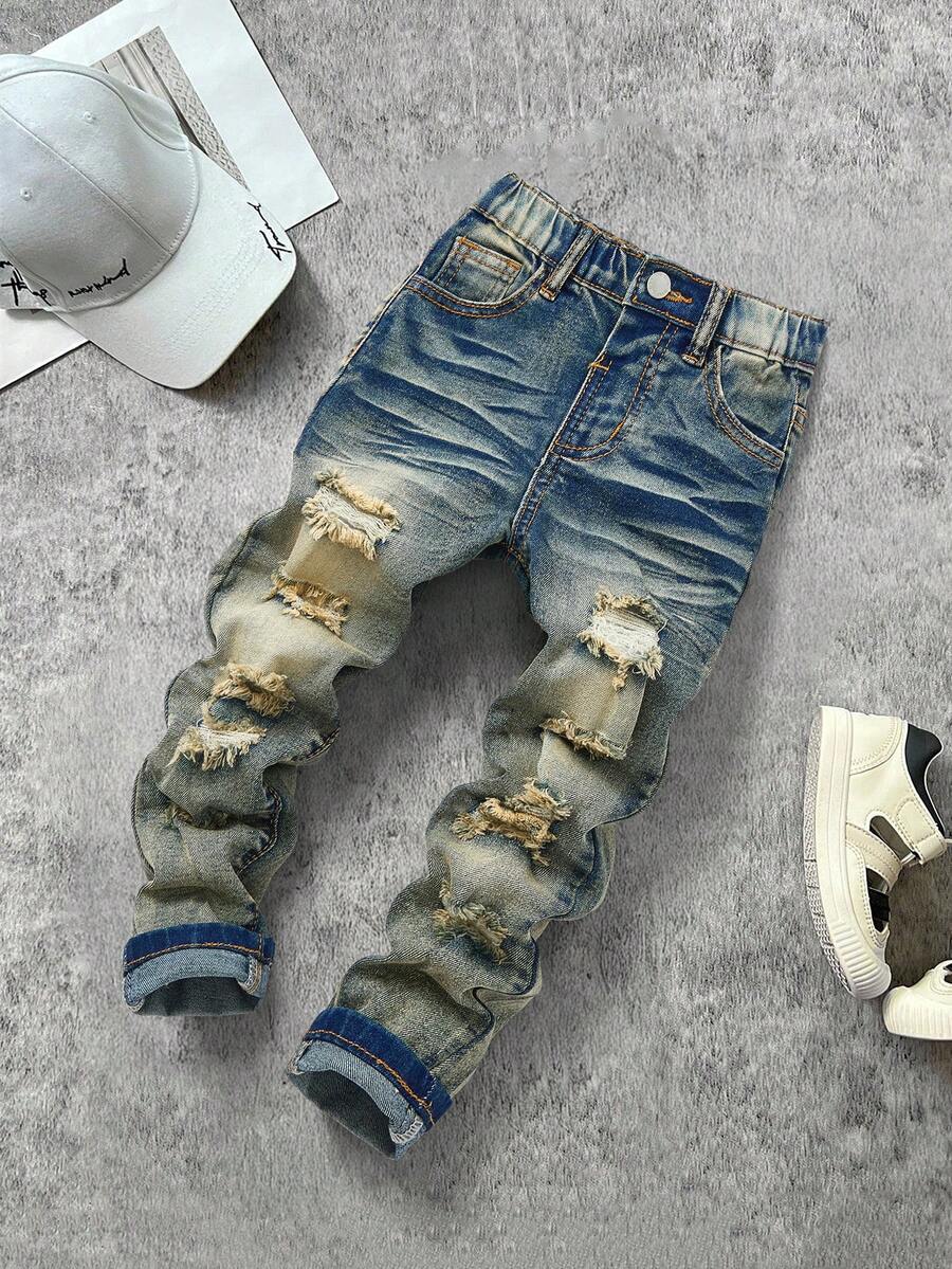 SHEIN 年轻男孩秋冬复古街头酷炫风格破洞休闲简单基础深蓝色牛仔布破洞高弹力紧身牛仔裤，新品，男孩返校服，儿童服装和男孩街头服饰 - 深色水洗藍 - 查看 1