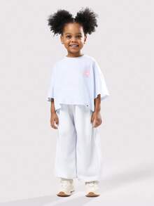 SUMWON Kids Cozy Two Piece Pajama Set Winter Wear Short Sleeve Tee And Wide Leg Pants Sleepwear Comfort Fit Bedtime Outfit For Casual And Vacation - Blue - View 1