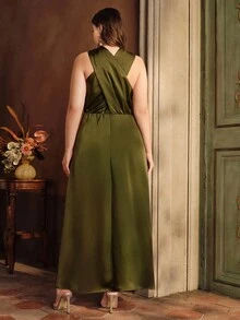 Anewsta 大码优雅绿色系腰 V 领喇叭裙，高端修身，适合夏季、度假、休闲、优雅、节日、婚礼宾客 - 綠色 - 查看 2