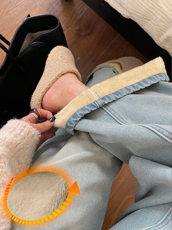 DAZY 女士常规腰直筒牛仔裤，休闲保暖内衬牛仔裤，冬季款