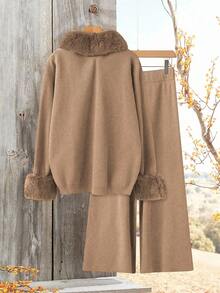 Linhara Plus Size Casual Solid Color Plush Patchwork Cardigan & Long Pants Set, Autumn/Winter Fall Cloth For Women - Camel - View 2