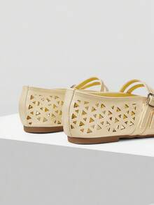 Mnmlis Pre Laser Cutout Square Toe Mary Jane Strap Flat Shoes For Women - Yellow - View 4