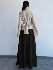 Firerie Bộ váy dài tay loe buộc eo bằng vải kaki và chân váy dài co giãn, bộ váy chữ A bó eo màu tương phản, trang phục lãng mạn thanh lịch, phù hợp để đi làm, thanh lịch, phong cách Boho, lãng mạn, hẹn hò, mùa cưới, trang phục công sở - màu đen - Xem 2