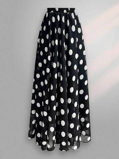 SHEIN LUNE Jupe longue en mousseline de soie à taille élastique avec imprimé pois, pour la mode grande taille d'été, jupe maxi pour le Thanksgiving