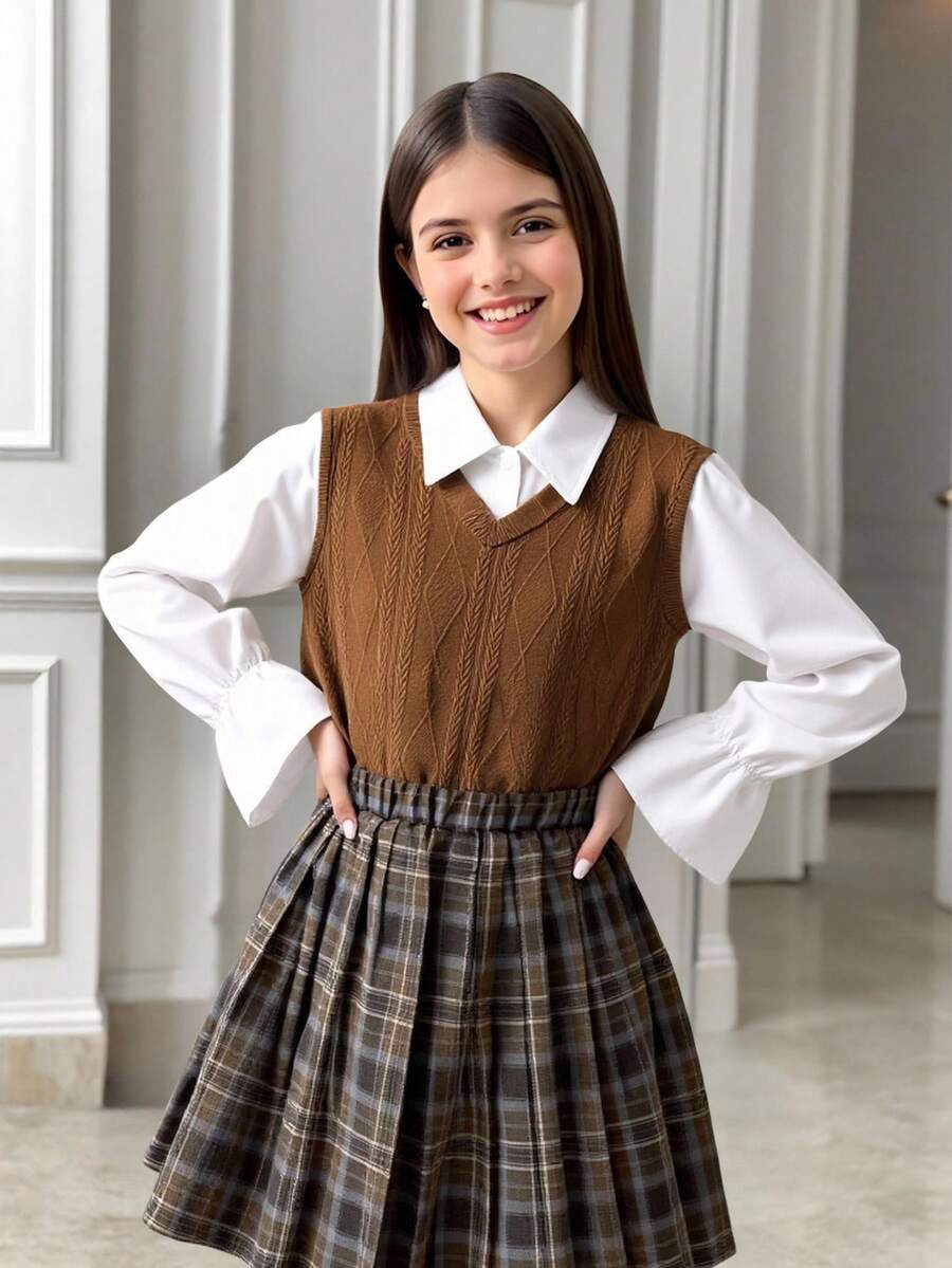 SHEIN Tween Girl Knitted Cable Vest Top, Plaid Pleated Skirt And Shirt 3pcs/Set - Brown - View 1