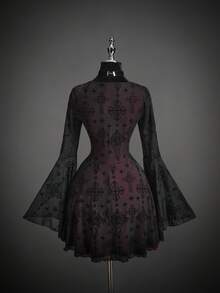 SHEIN ICON 女式万圣节角色扮演哥特式性感长袖喇叭蕾丝派对巫术时尚深色植绒网眼撞色迷你连衣裙秋季 - 黑色 - 查看 2